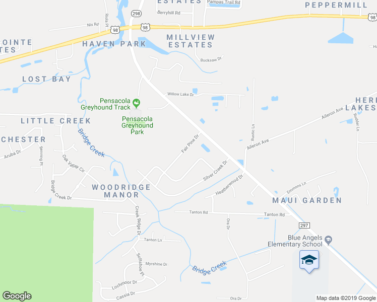 map of restaurants, bars, coffee shops, grocery stores, and more near 10602 Bridge Creek Drive in Pensacola