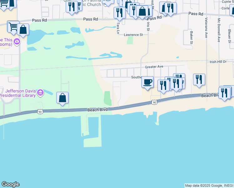 map of restaurants, bars, coffee shops, grocery stores, and more near 2060 Beach Boulevard in Biloxi