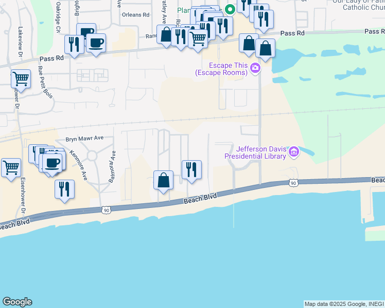 map of restaurants, bars, coffee shops, grocery stores, and more near 2436 Beach Boulevard in Biloxi