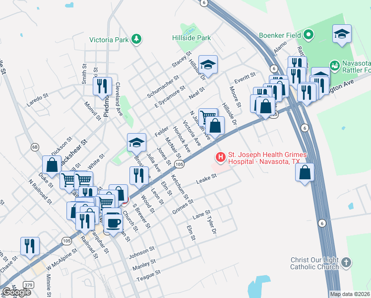 map of restaurants, bars, coffee shops, grocery stores, and more near 1103 East Washington Avenue in Navasota