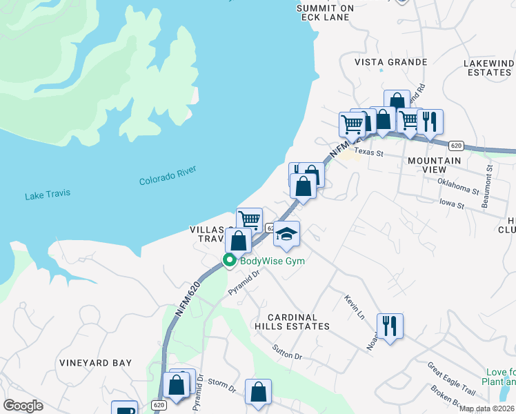 map of restaurants, bars, coffee shops, grocery stores, and more near 2918 Ranch Road 620 North in Austin