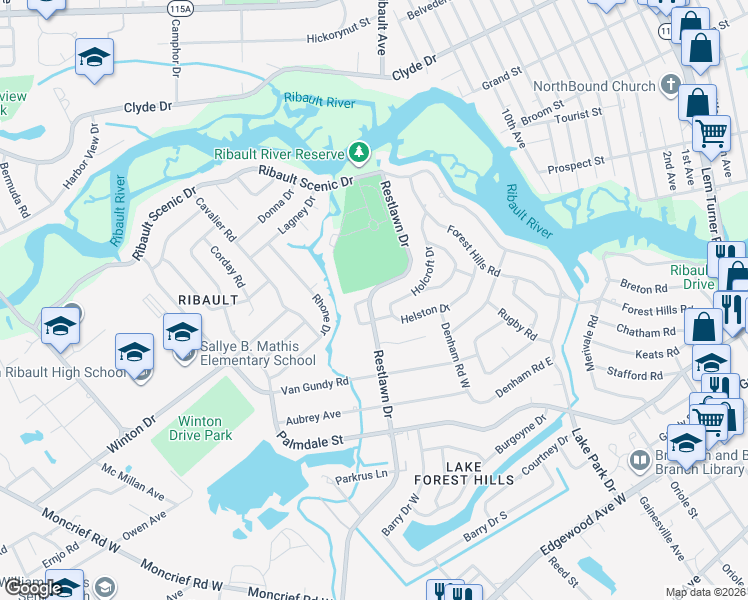 map of restaurants, bars, coffee shops, grocery stores, and more near 7906 Helston Drive in Jacksonville