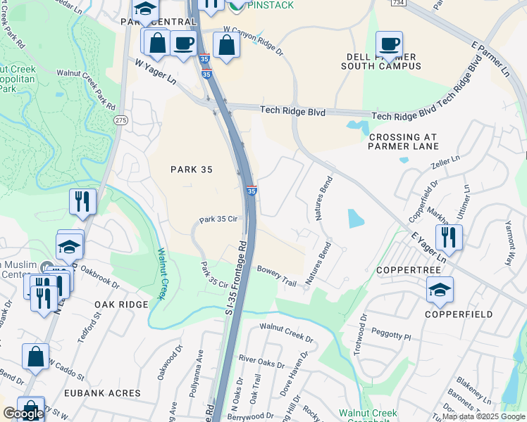 map of restaurants, bars, coffee shops, grocery stores, and more near 12151 North Interstate Highway 35 in Austin