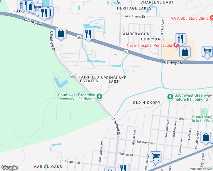 map of restaurants, bars, coffee shops, grocery stores, and more near 1297 Middlebrook Drive in Pensacola