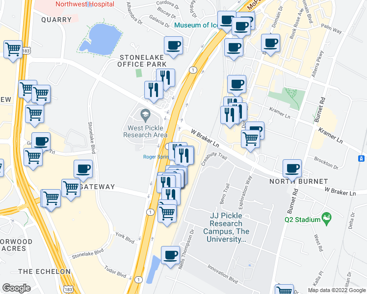 map of restaurants, bars, coffee shops, grocery stores, and more near 46 in Austin