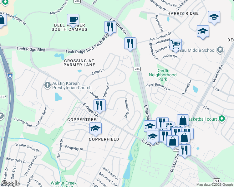map of restaurants, bars, coffee shops, grocery stores, and more near 12328 Little Emily Way in Austin