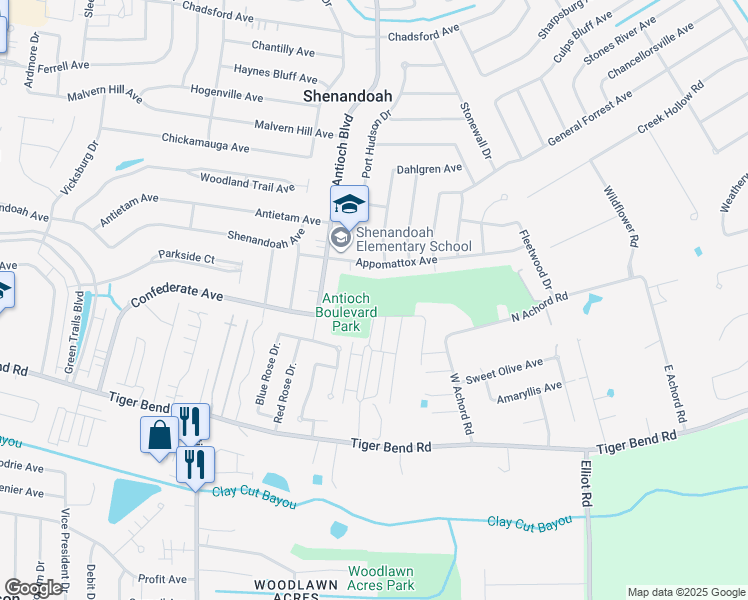 map of restaurants, bars, coffee shops, grocery stores, and more near 6229 Antioch Boulevard in Baton Rouge