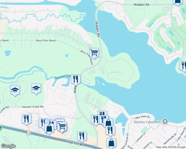 map of restaurants, bars, coffee shops, grocery stores, and more near 16047 Walden Road in Montgomery