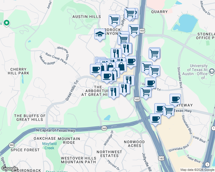 map of restaurants, bars, coffee shops, grocery stores, and more near 9722 Great Hills Trail in Austin