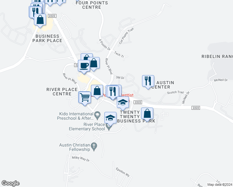 map of restaurants, bars, coffee shops, grocery stores, and more near 7204 Cut Plains Trail in Austin