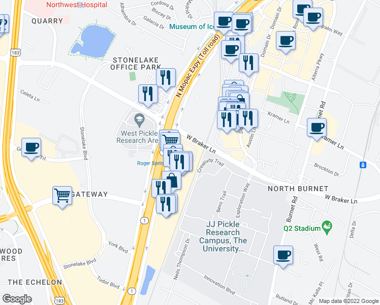 map of restaurants, bars, coffee shops, grocery stores, and more near 15 in Austin