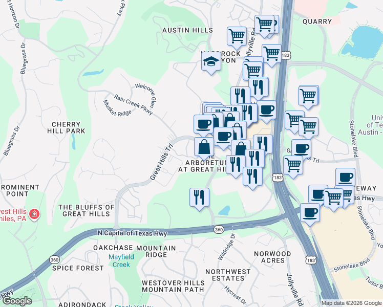 map of restaurants, bars, coffee shops, grocery stores, and more near 9617 Great Hills Trail in Austin
