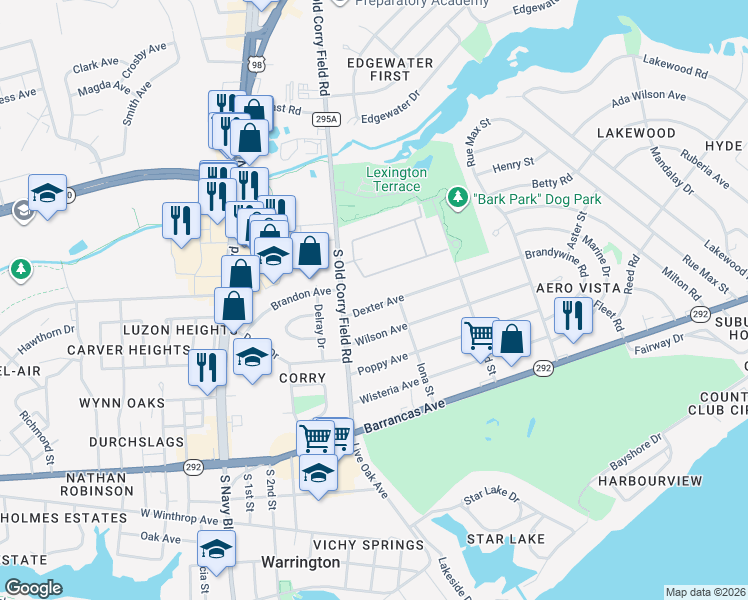 map of restaurants, bars, coffee shops, grocery stores, and more near 1408 Dexter Avenue in Pensacola