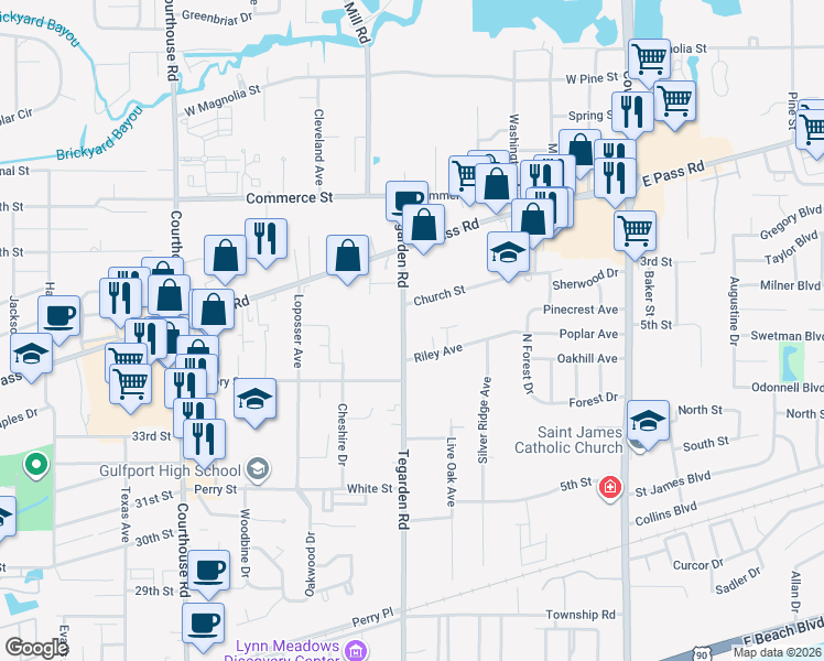 map of restaurants, bars, coffee shops, grocery stores, and more near 700 Tegarden Road in Gulfport