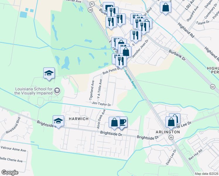 map of restaurants, bars, coffee shops, grocery stores, and more near 4515 Alvin Dark Avenue in Baton Rouge