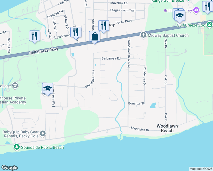map of restaurants, bars, coffee shops, grocery stores, and more near 5341 Prairie Court in Gulf Breeze
