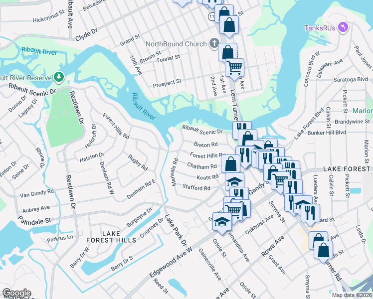 map of restaurants, bars, coffee shops, grocery stores, and more near 1549 Breton Road in Jacksonville