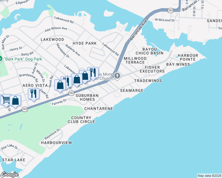 map of restaurants, bars, coffee shops, grocery stores, and more near 9 Broadmoor Lane in Pensacola