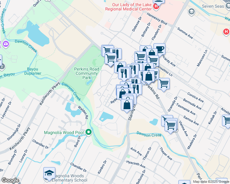 map of restaurants, bars, coffee shops, grocery stores, and more near 3743 Silverside Drive in Baton Rouge