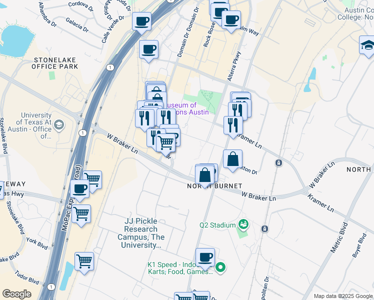 map of restaurants, bars, coffee shops, grocery stores, and more near 3214 West Braker Lane in Austin
