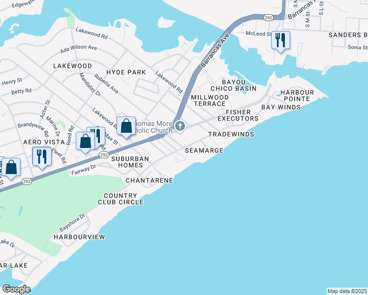 map of restaurants, bars, coffee shops, grocery stores, and more near 3295 Barrancas Avenue in Pensacola