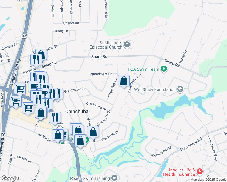 map of restaurants, bars, coffee shops, grocery stores, and more near 1316 Ridge Way Drive in Mandeville