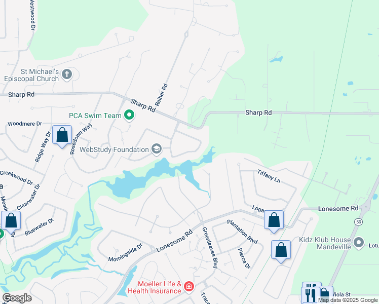 map of restaurants, bars, coffee shops, grocery stores, and more near 320 Lake Shore Drive in Mandeville