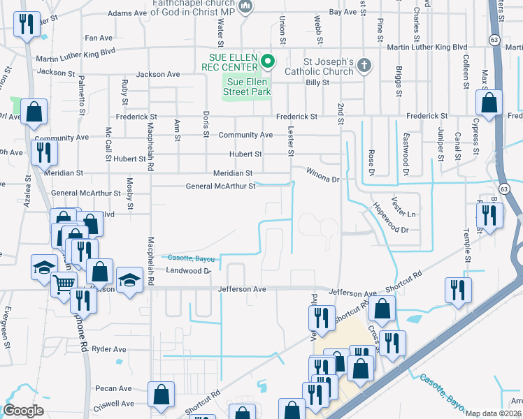 map of restaurants, bars, coffee shops, grocery stores, and more near 3617 Doris Circle in Moss Point
