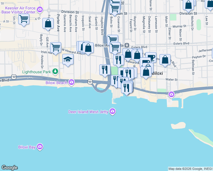 map of restaurants, bars, coffee shops, grocery stores, and more near 947 Beach Boulevard in Biloxi