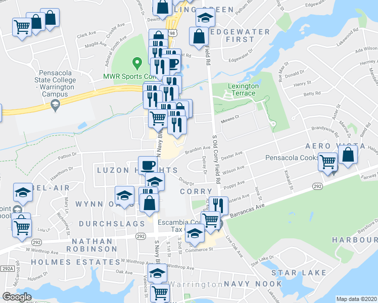 map of restaurants, bars, coffee shops, grocery stores, and more near Brandon Avenue in Pensacola