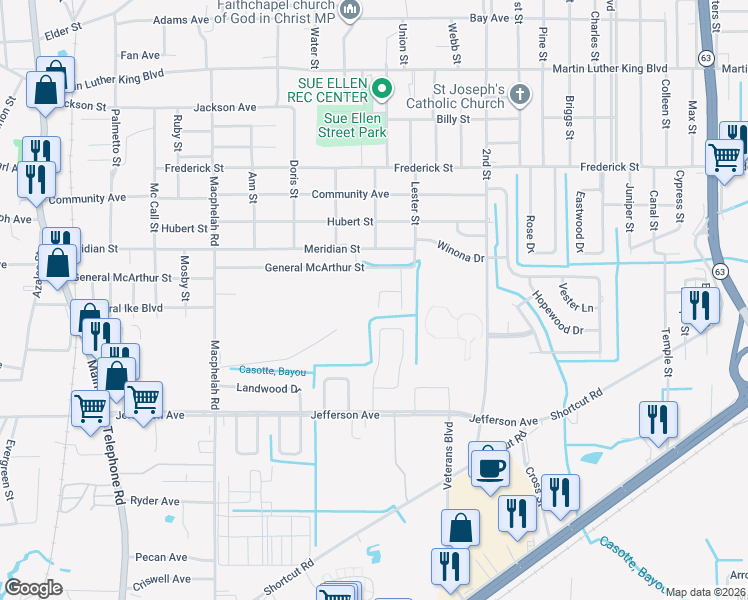 map of restaurants, bars, coffee shops, grocery stores, and more near 3617 Doris Circle in Moss Point