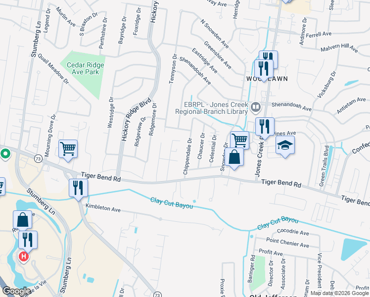 map of restaurants, bars, coffee shops, grocery stores, and more near 6336 Chippendale Drive in Baton Rouge
