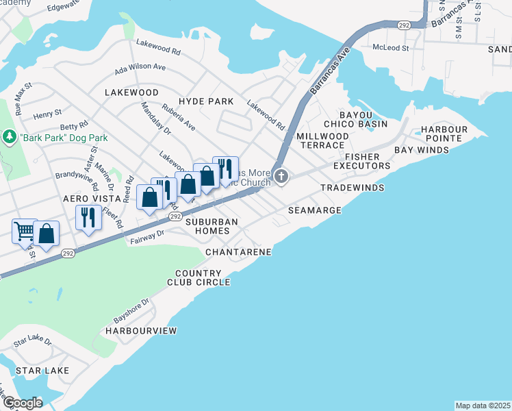 map of restaurants, bars, coffee shops, grocery stores, and more near 12 Palao Place in Pensacola