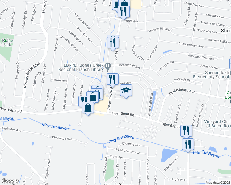 map of restaurants, bars, coffee shops, grocery stores, and more near 15032 Shenandoah View Court in Baton Rouge