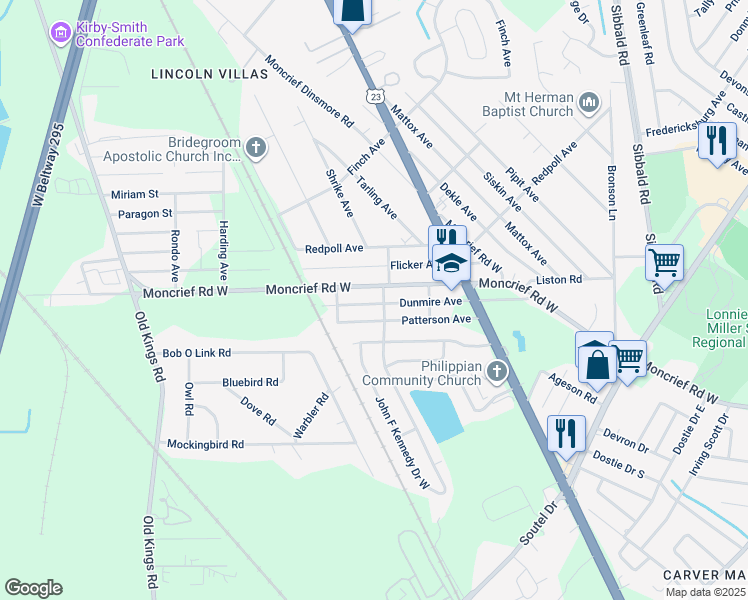 map of restaurants, bars, coffee shops, grocery stores, and more near 6001 Moncrief Road West in Jacksonville
