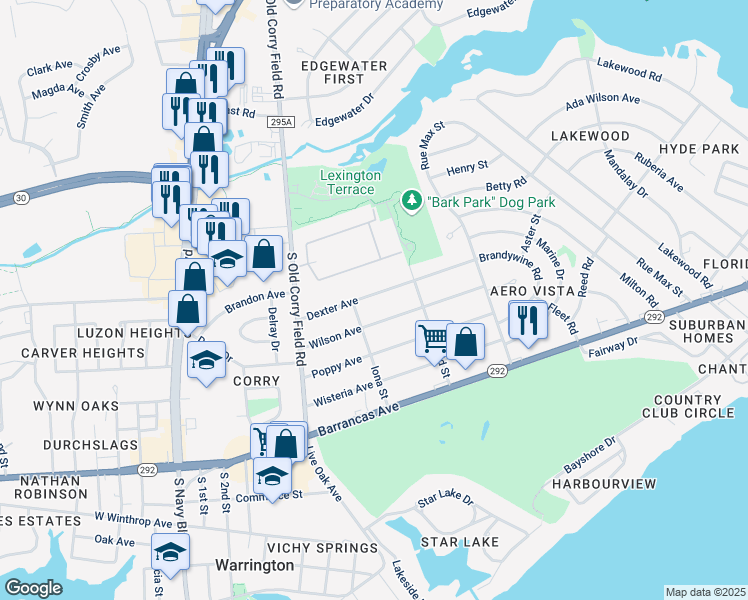 map of restaurants, bars, coffee shops, grocery stores, and more near 1315 Dexter Avenue in Pensacola
