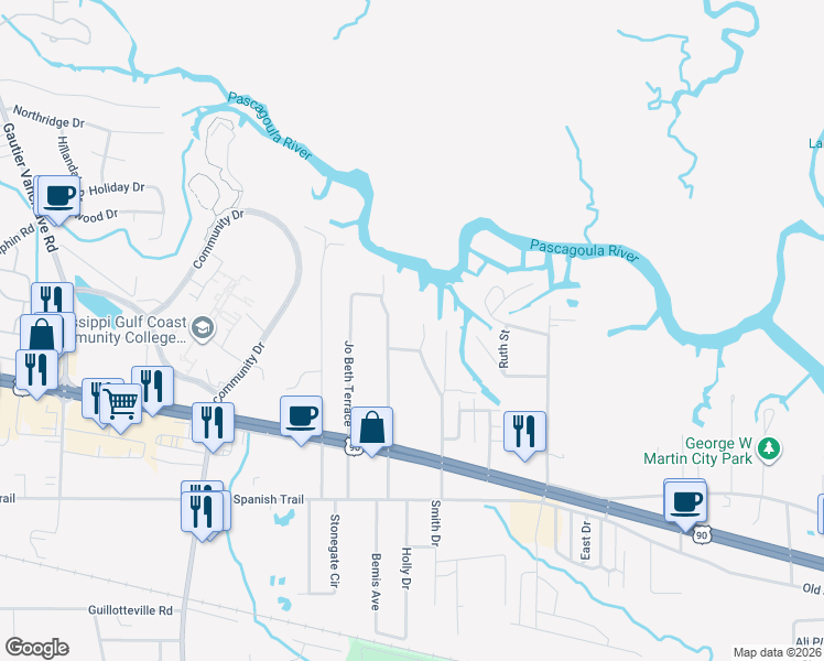 map of restaurants, bars, coffee shops, grocery stores, and more near 3607 Johnston Rd in Gautier