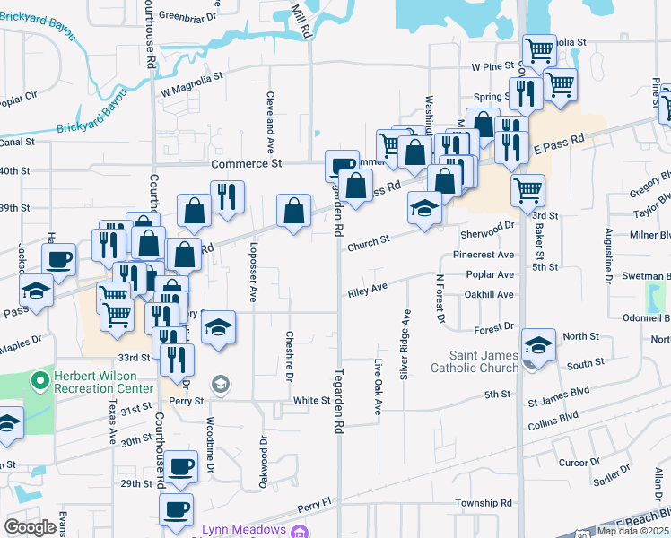 map of restaurants, bars, coffee shops, grocery stores, and more near 655 Tegarden Road in Gulfport