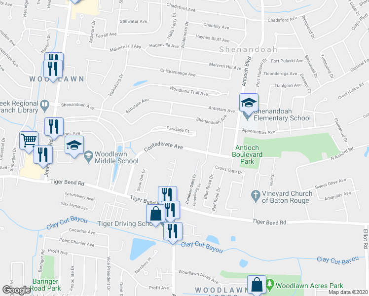 map of restaurants, bars, coffee shops, grocery stores, and more near 16104 Confederate Avenue in Baton Rouge