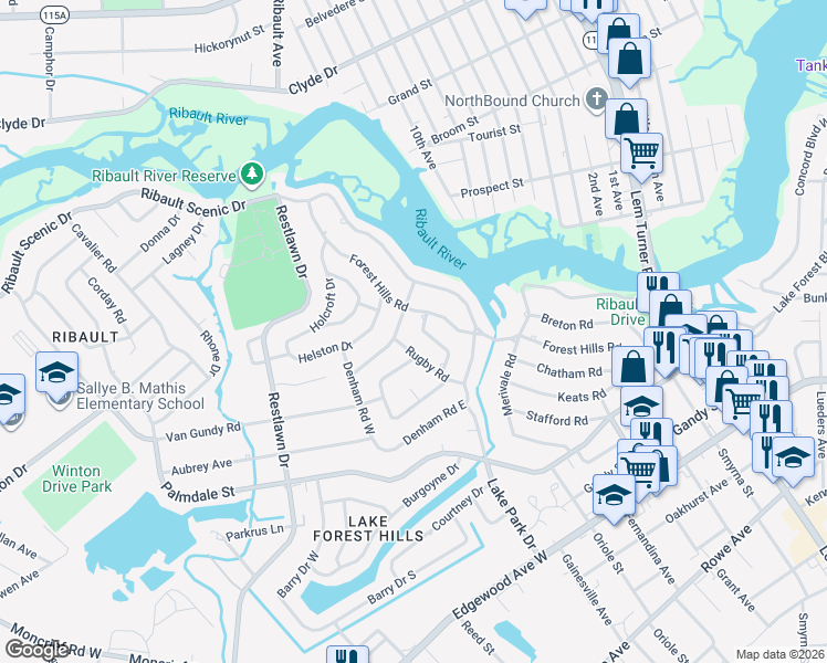 map of restaurants, bars, coffee shops, grocery stores, and more near 1901 Forest Hills Road in Jacksonville