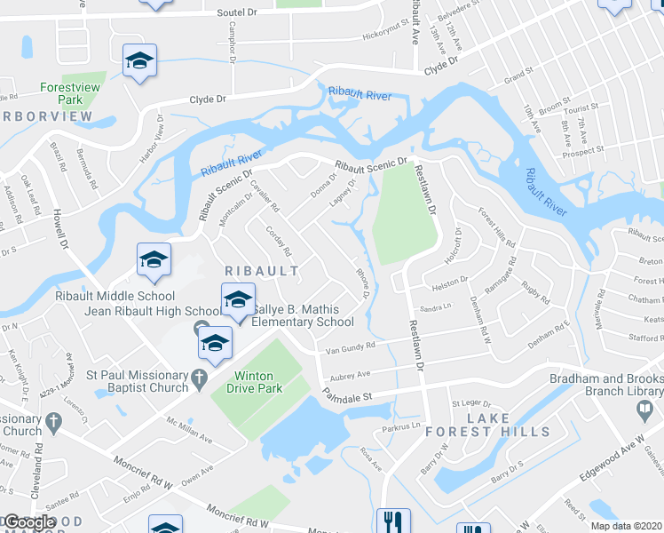 map of restaurants, bars, coffee shops, grocery stores, and more near 6741 Cavalier Road in Jacksonville