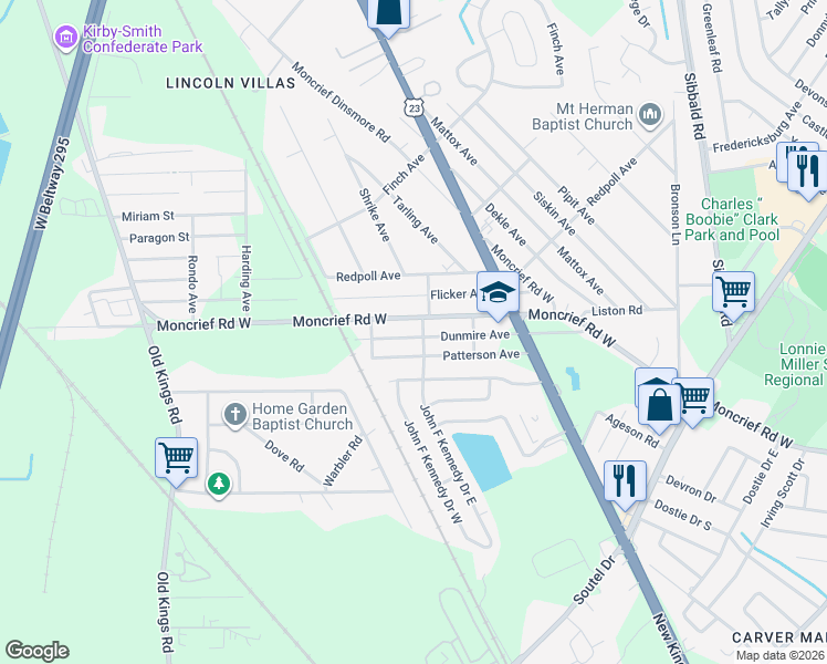 map of restaurants, bars, coffee shops, grocery stores, and more near 6001 Moncrief Road West in Jacksonville