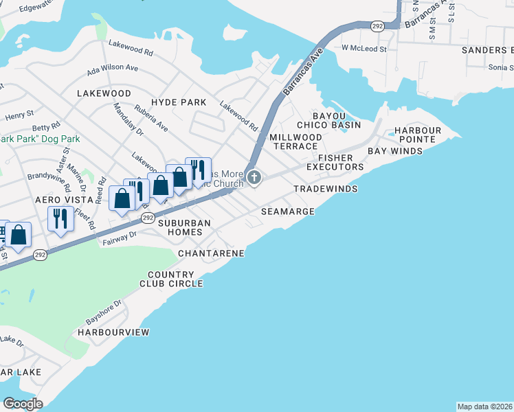 map of restaurants, bars, coffee shops, grocery stores, and more near 3295 Barrancas Avenue in Pensacola