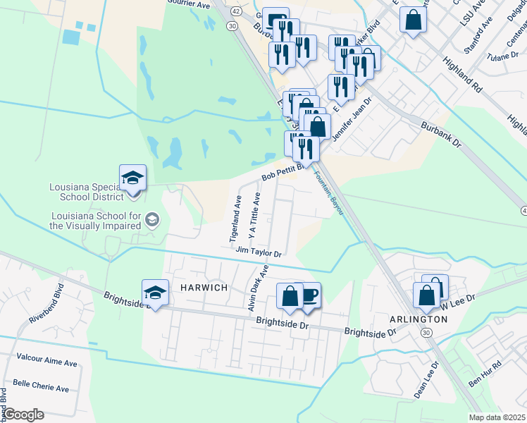map of restaurants, bars, coffee shops, grocery stores, and more near 4515 Alvin Dark Avenue in Baton Rouge