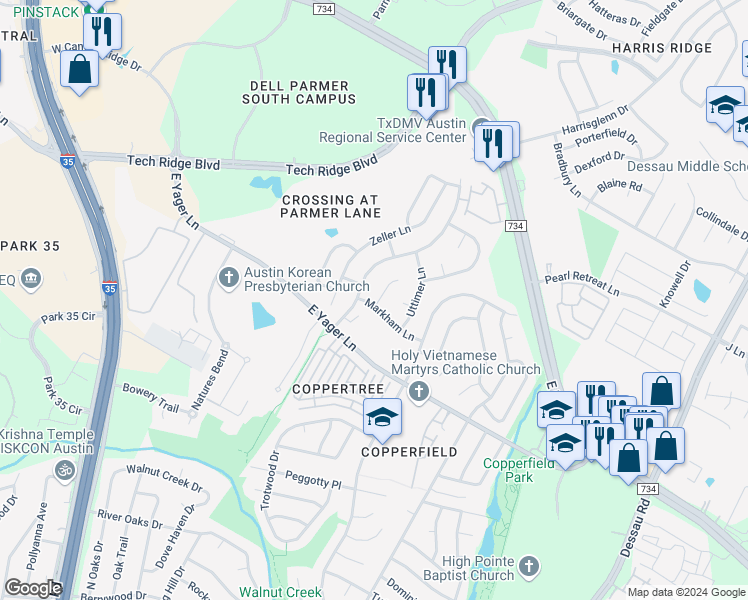 map of restaurants, bars, coffee shops, grocery stores, and more near 12325 Copperfield Drive in Austin