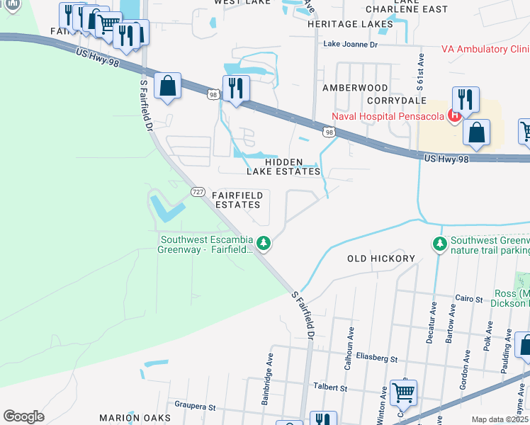 map of restaurants, bars, coffee shops, grocery stores, and more near 7443 Sandy Creek Drive in Pensacola