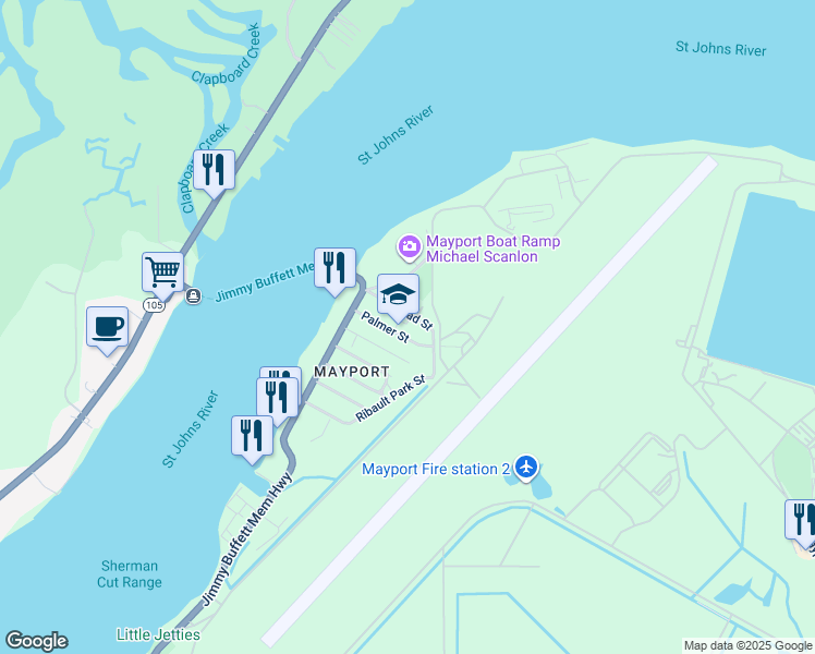 map of restaurants, bars, coffee shops, grocery stores, and more near 1347 Palmer Street in Atlantic Beach