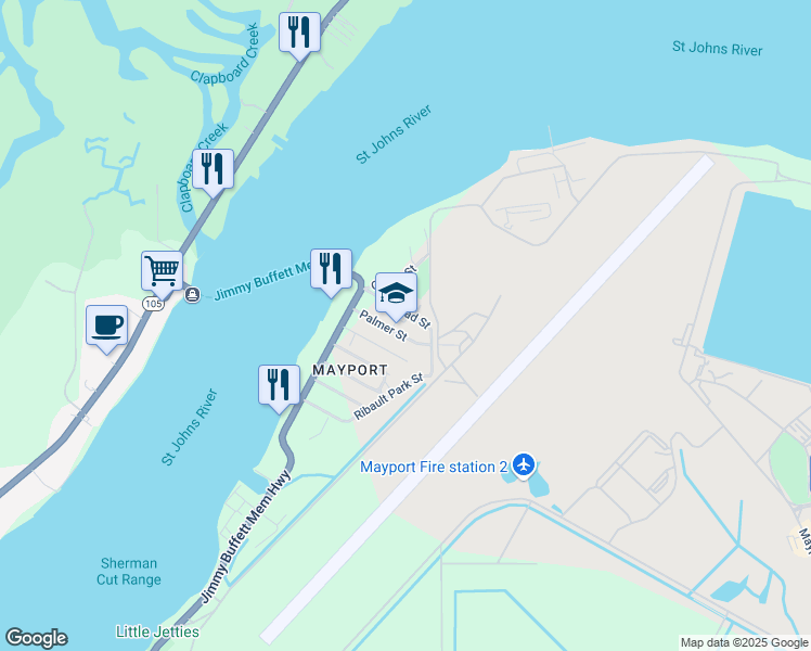 map of restaurants, bars, coffee shops, grocery stores, and more near 1347 Palmer Street in Atlantic Beach