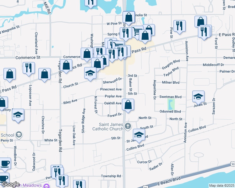map of restaurants, bars, coffee shops, grocery stores, and more near 1322 Poplar Avenue in Gulfport