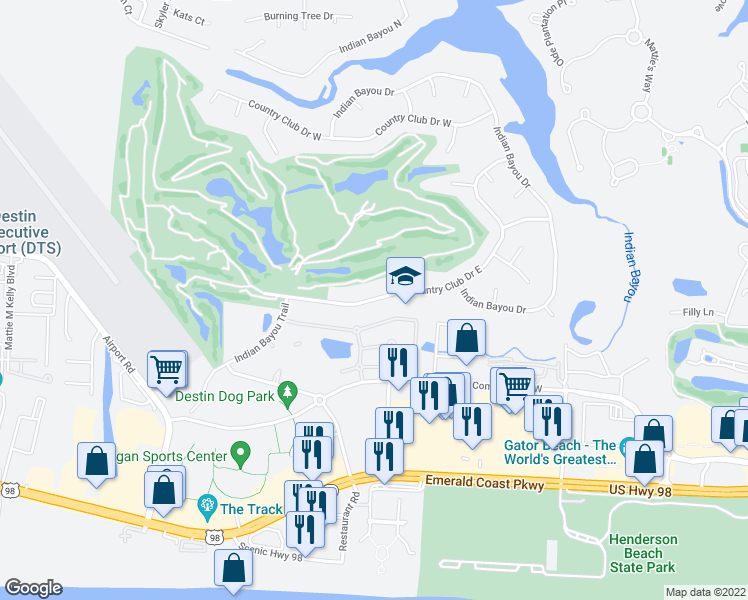map of restaurants, bars, coffee shops, grocery stores, and more near 20 Country Club Road in Destin